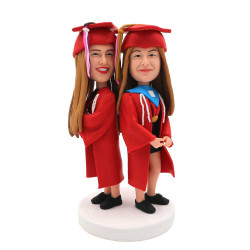 personalized back to back female graduates in red gown custom graduation bobblehead gift