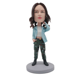 cool female in blue jacket and camouflage pants custom figure bobblehead