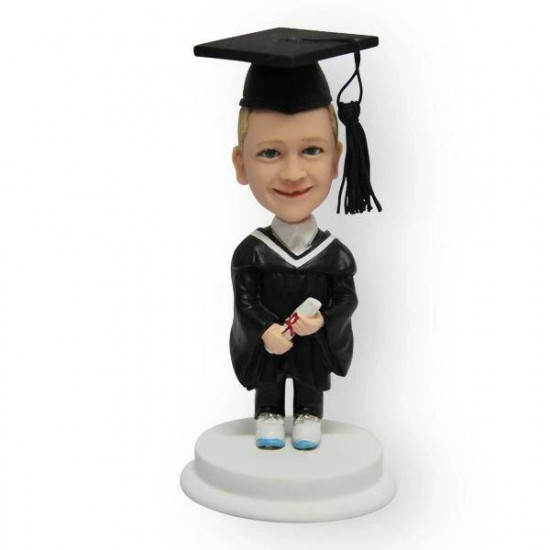 personalized cute pre-school graduates in black gown custom graduation bobblehead gift