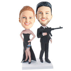 fbi agent couple in black uniform and holding a gun custom figure bobblehead