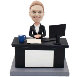 female business sitting at office desk custom figure bobblehead