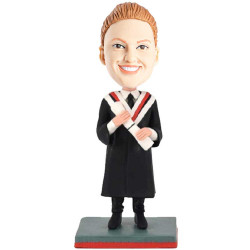 female graduates in black gown with diploma custom graduation bobbleheads