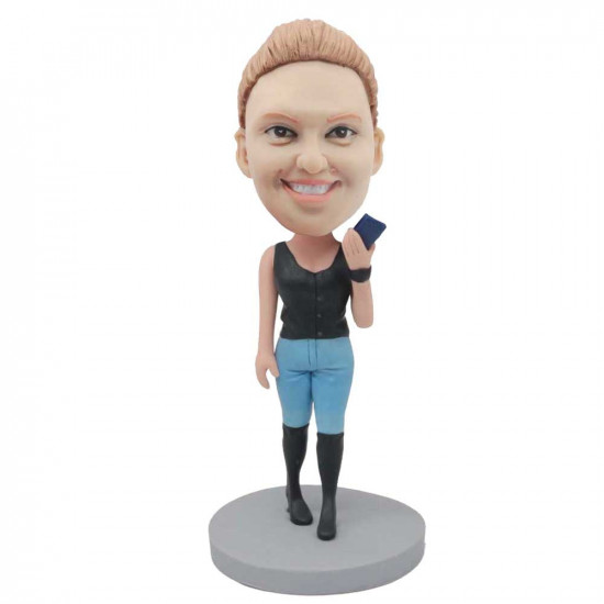 female in black vest and holding a cell phone custom figure bobblehead female in black vest and holding a cell phone custom figure bobblehead