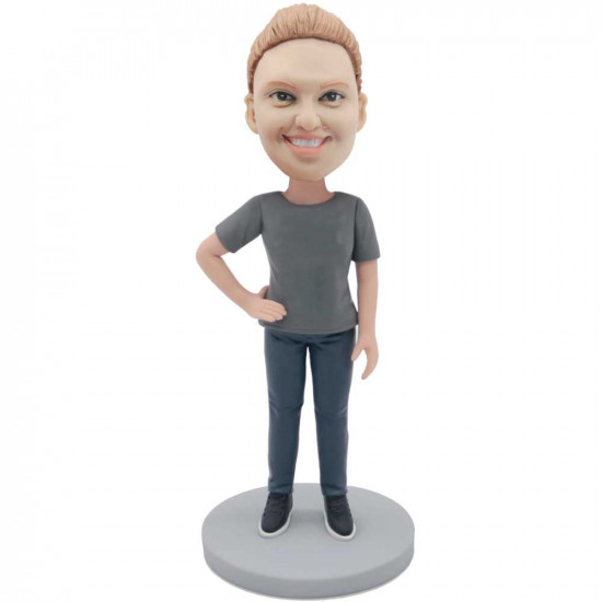 female in grey t-shirt and one hand on hip custom figure bobbleheads female in grey t-shirt and one hand on hip custom figure bobbleheads