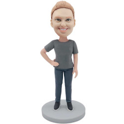 female in grey t-shirt and one hand on hip custom figure bobbleheads