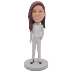 female office boss in grey suit and one hand in a pocket custom figure bobblehead