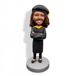personalized happy crossed arms female graduates in black gown custom graduation bobblehead gift