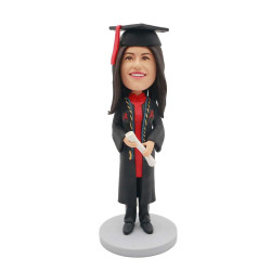 happy female graduate in black gown and red dress custom graduation bobblehead