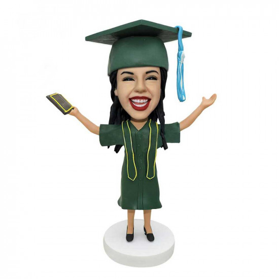 personalized happy female graduates in green gown custom graduation bobblehead gift personalized happy female graduates in green gown custom graduation bobblehead gift
