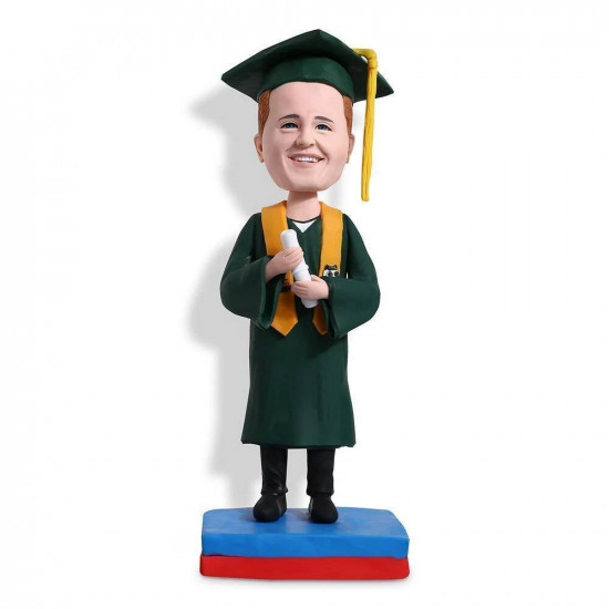 personalized happy male graduates in dark green gown custom graduation bobblehead gift personalized happy male graduates in dark green gown custom graduation bobblehead gift