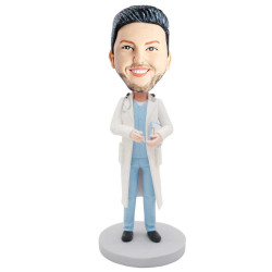 male doctor in white coat with medical history custom figure bobblehead