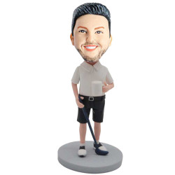 male golfer with golf clubs and water glass custom figure bobblehead