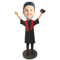 personalized male graduate in black  gown and red ribbon custom graduation bobblehead gift