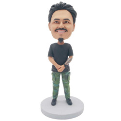 male in black t-shirt and camouflage pants custom figure bobblehead