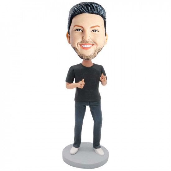 male in black t-shirt and victory sign custom figure bobblehead male in black t-shirt and victory sign custom figure bobblehead