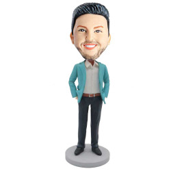 male office staff in turquoise blazer and hands insert pocket custom figure  bobblehead