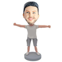 male in white t-shirt and open arms custom figure bobblehead