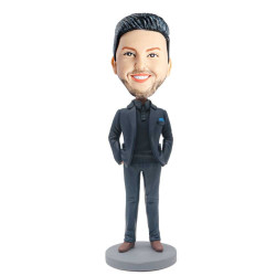 male office boss in dark blue suit and hands in your pockets custom figure bobblehead