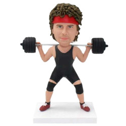 male weightlifting weight lifter in black vest with barbell custom figure bobblehead