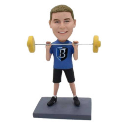 male weightlifting weight lifter in blue t-shirt with barbell custom figure bobblehead