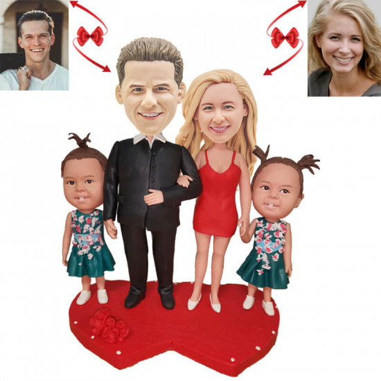 mom and dad with twin children custom bobblehead