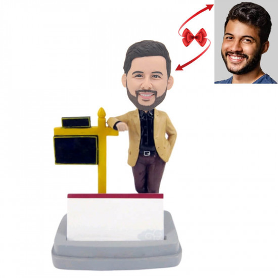 real estate agent behind a business card custom bobblehead