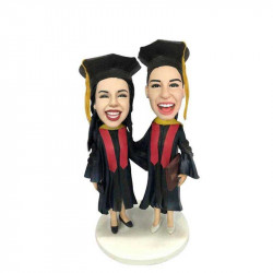 personalized laughing female graduates in black gowns and red ribbons custom graduation bobblehead gift